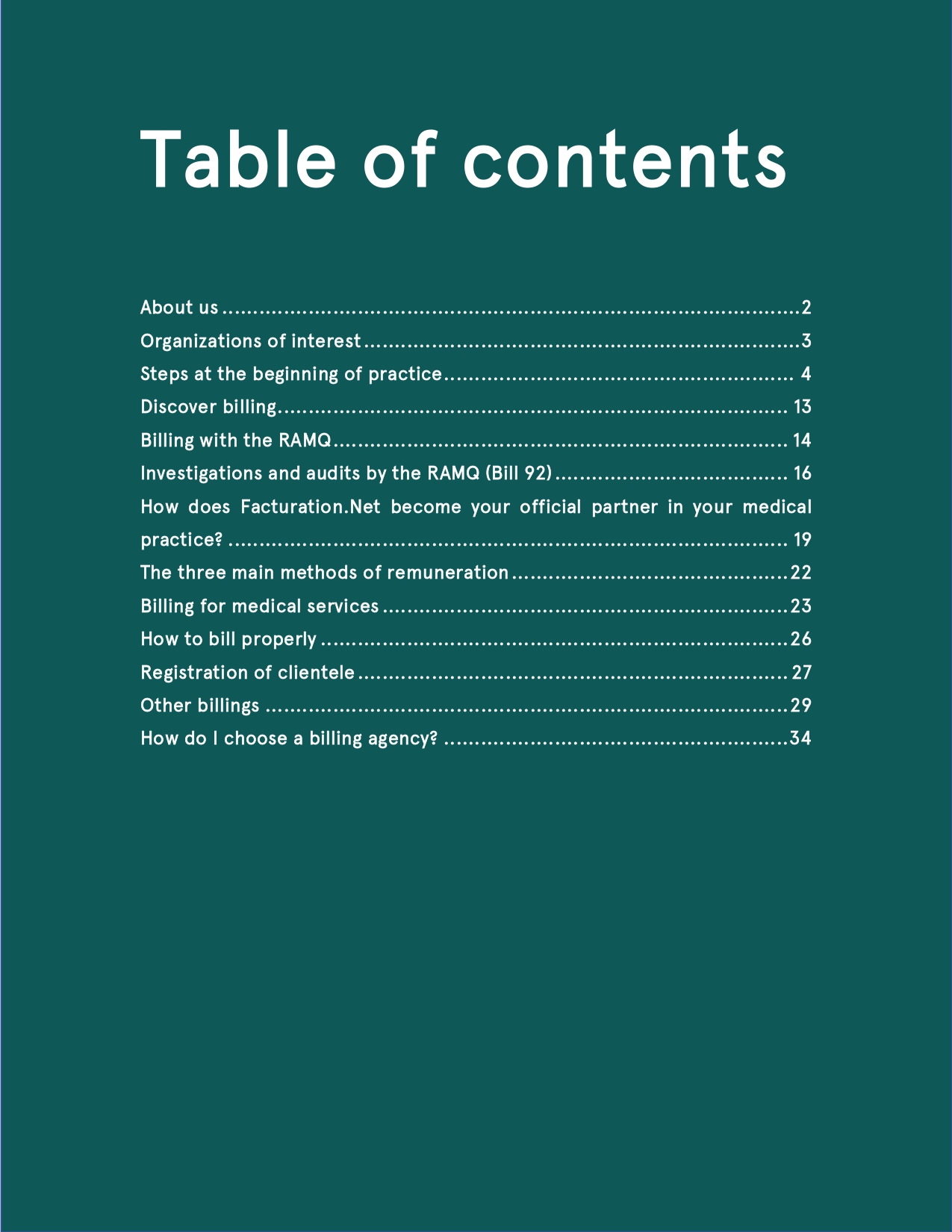 Table of content of the Facturation.net new biller guide